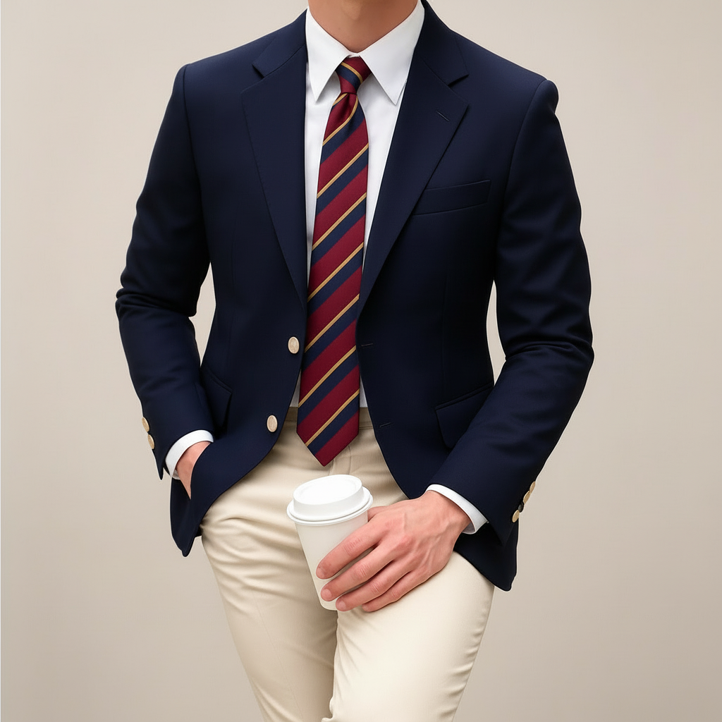 Blazer homme cintré bleu marine, style printanier chic. Idéal pour un look élégant et décontracté ou business.
