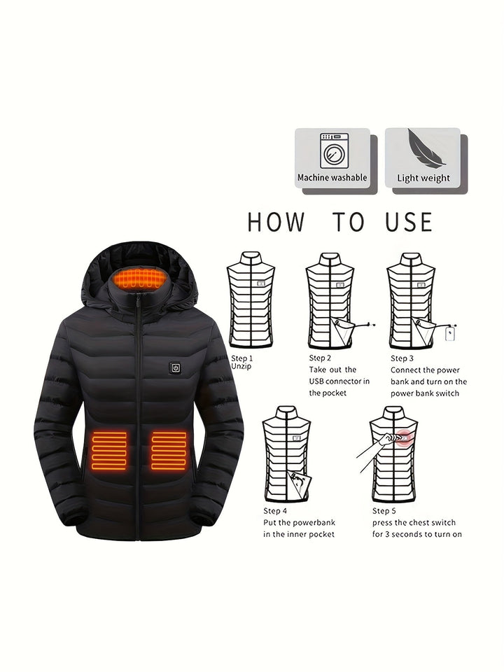Veste chauffante femme, vue de face, avec système USB intégré, idéale pour le plein air et le sport d'hiver.