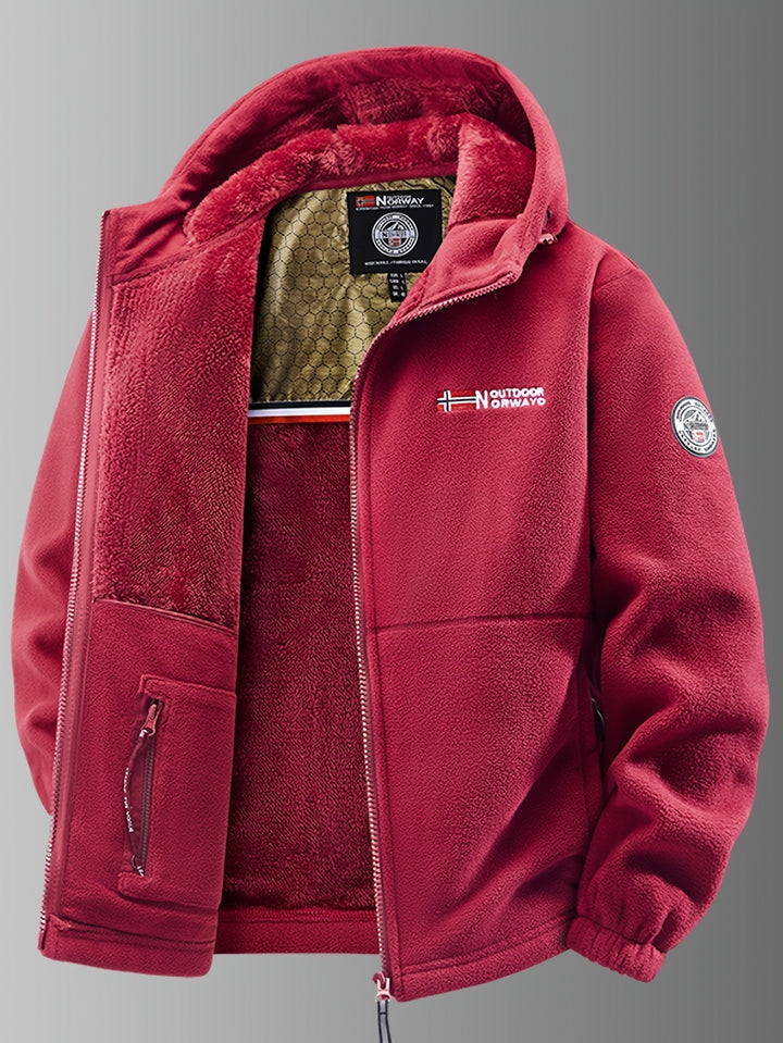 Veste polaire thermique noire pour homme. Coupe-vent, avec capuche. Parfaite pour la randonnée et le style casual en hiver.