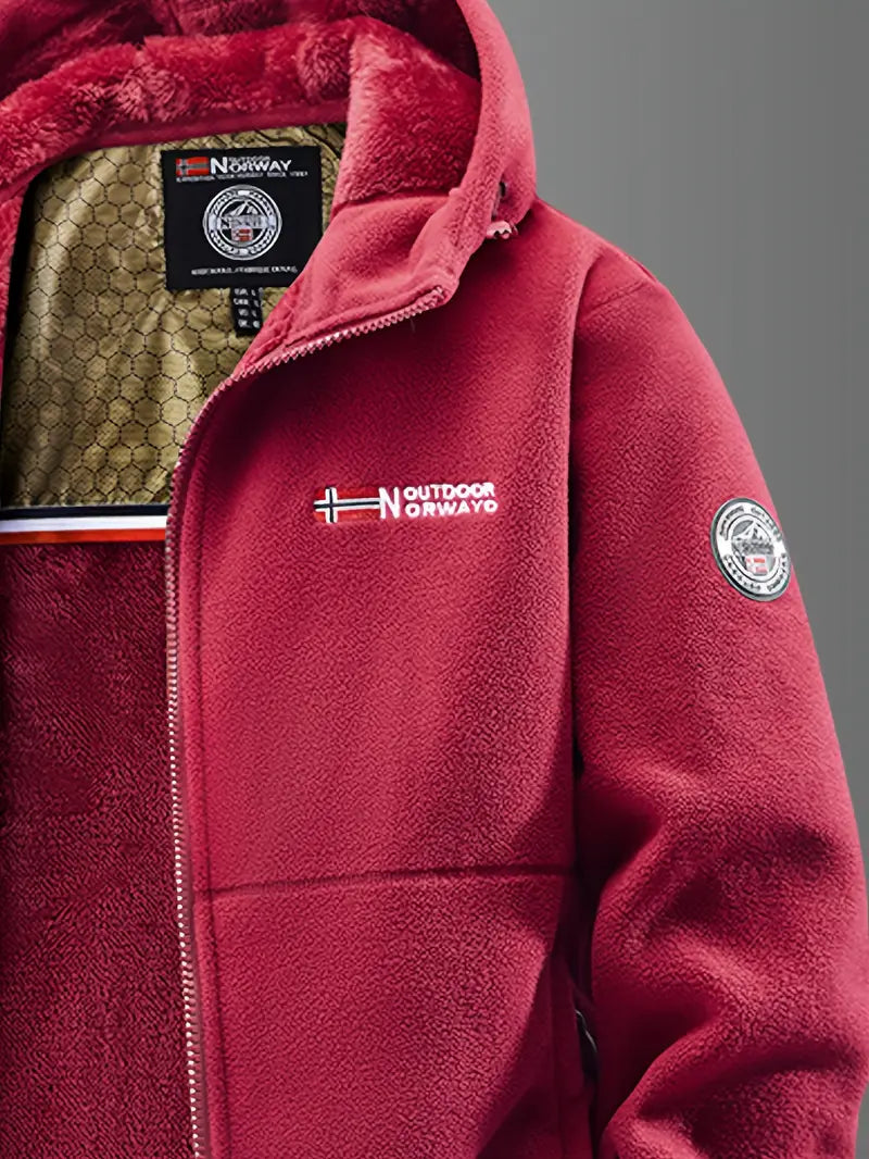 Veste polaire thermique homme rouge. Modèle coupe-vent avec capuche pour le froid de l'hiver et la randonnée.