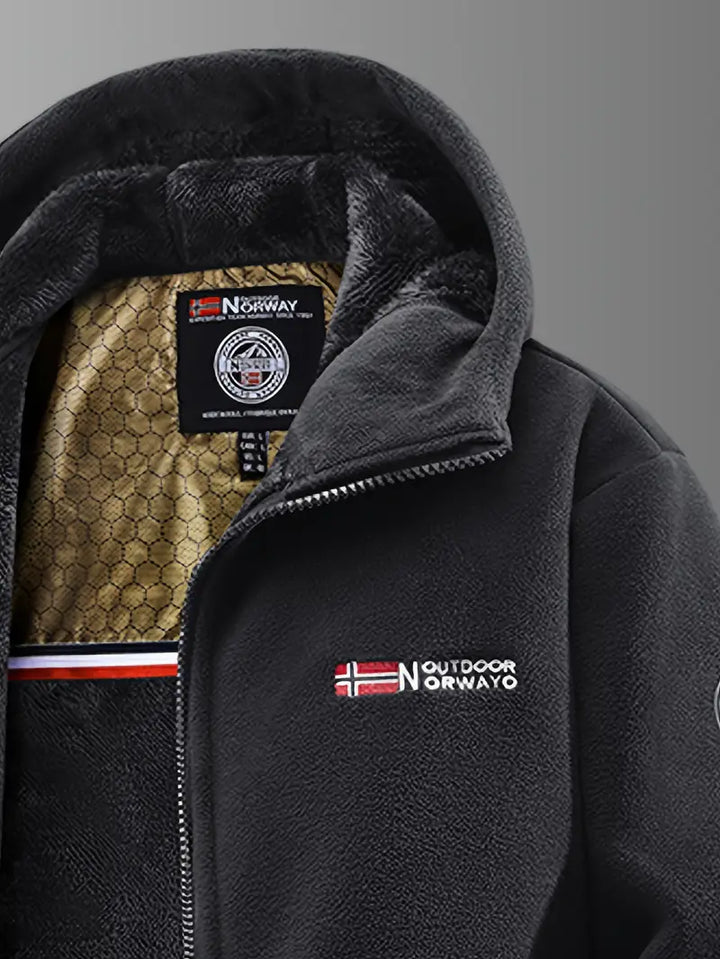 Veste polaire thermique homme grise. Conception coupe-vent à capuche offrant chaleur et confort en hiver.
