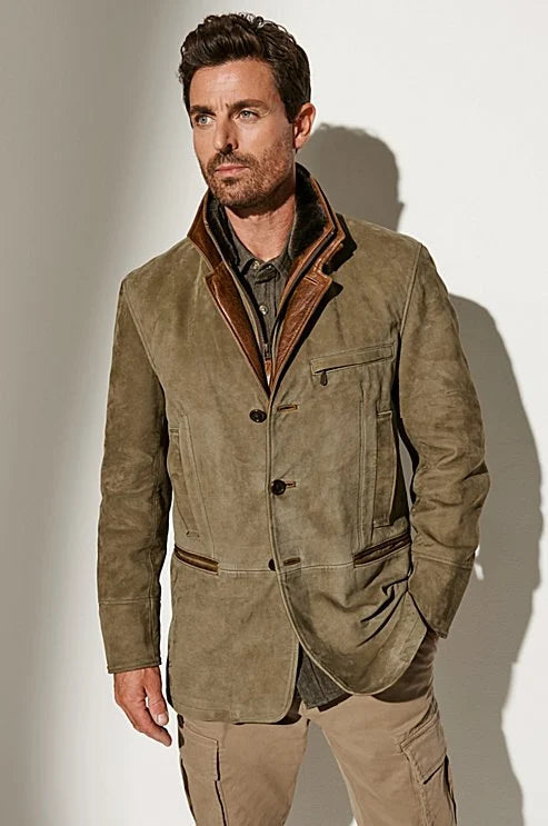 Veste homme élégante de style vintage kaki, parfaite pour un look automne/printemps et une mode rétro chic.