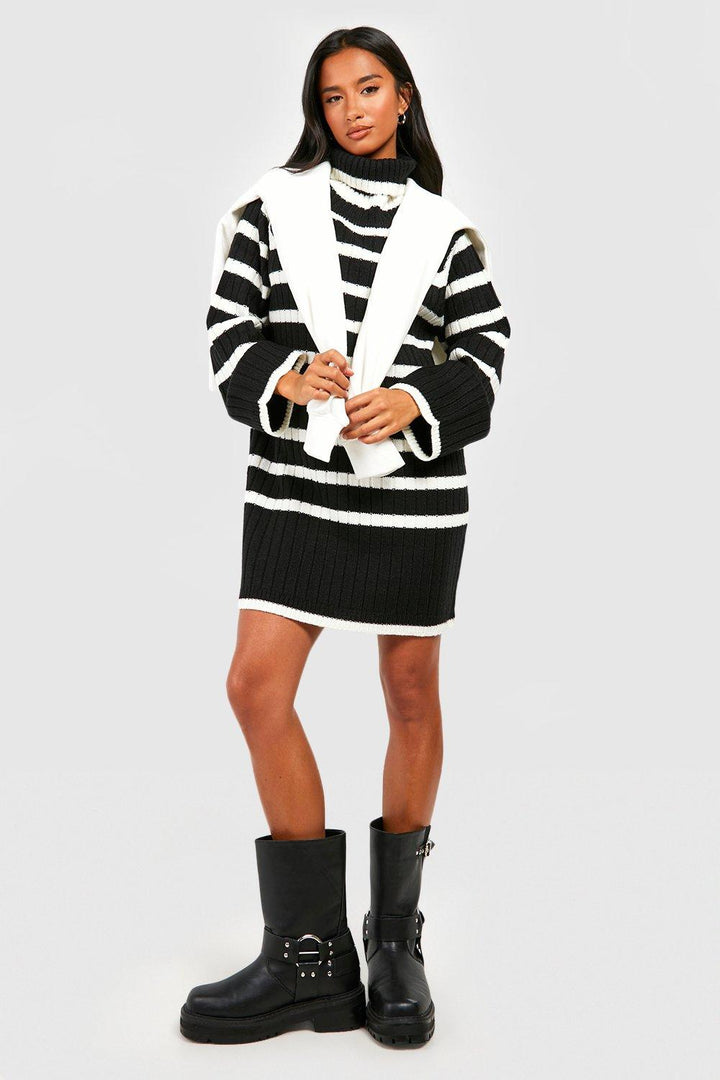 Robe courte rayée femme à col roulé élégant et manches amples, idéale pour l'automne-hiver.