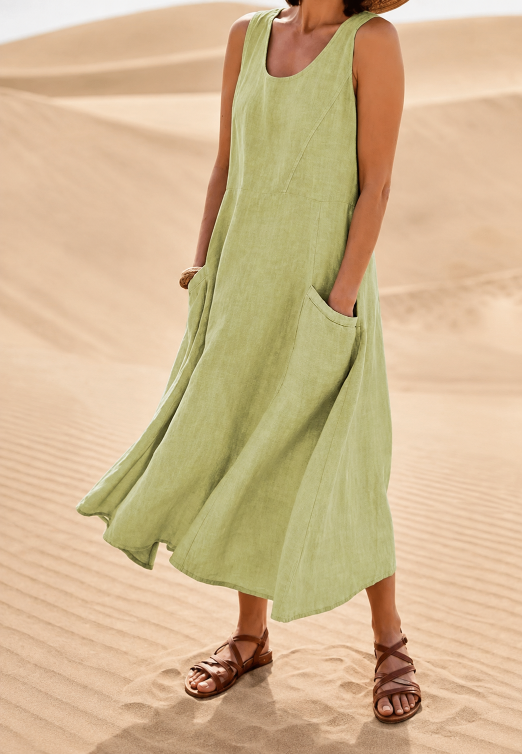 Robe longue femme sans manches, fluide, confortable avec poches. Un essentiel de la mode estivale.