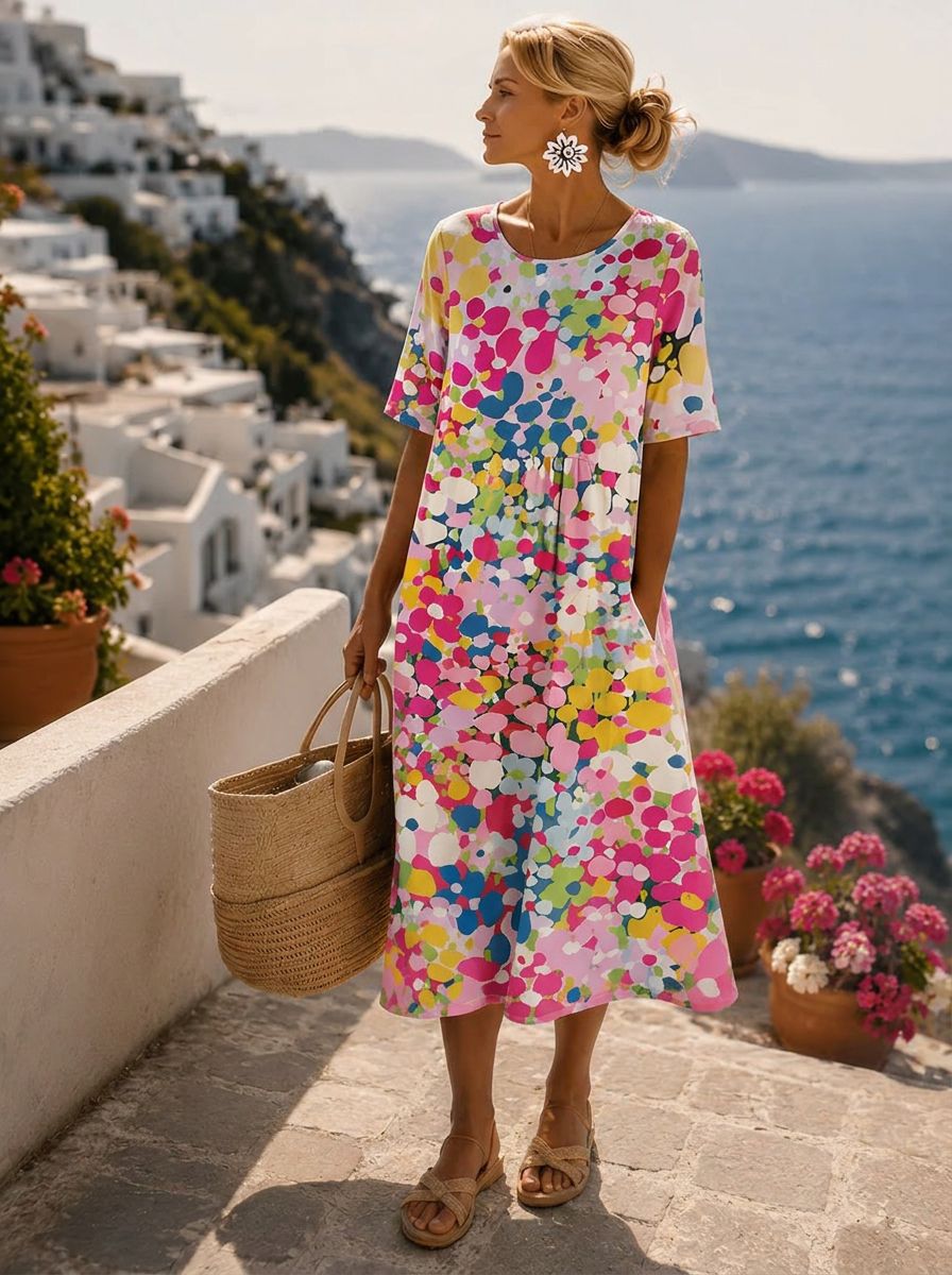 Robe midi florale femme, légère et élégante, manches courtes. Parfaite pour l'été décontracté ou les vacances.