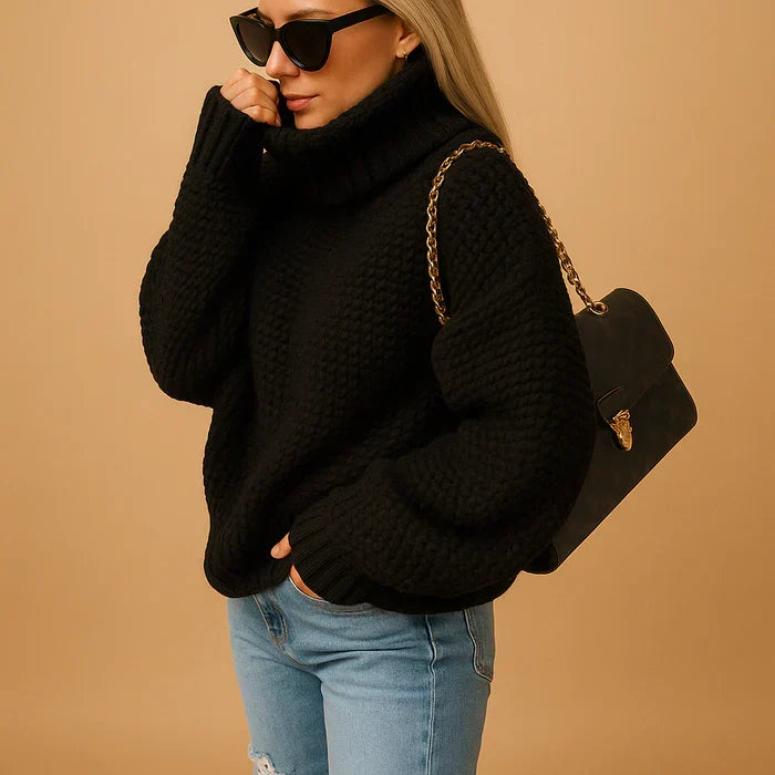 Pull femme chaud et douillet Hyacinth. Col roulé confortable, vêtement mode idéal pour l'automne et l'hiver.