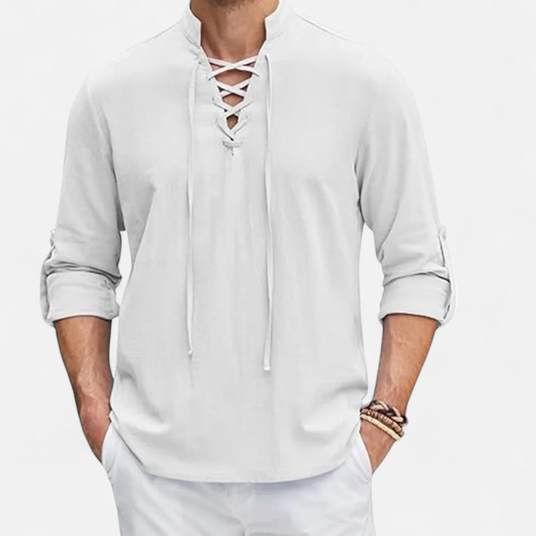 Chemise médiévale homme style viking, col décontracté, manches longues. Parfaite pour GN et tenue bohème.