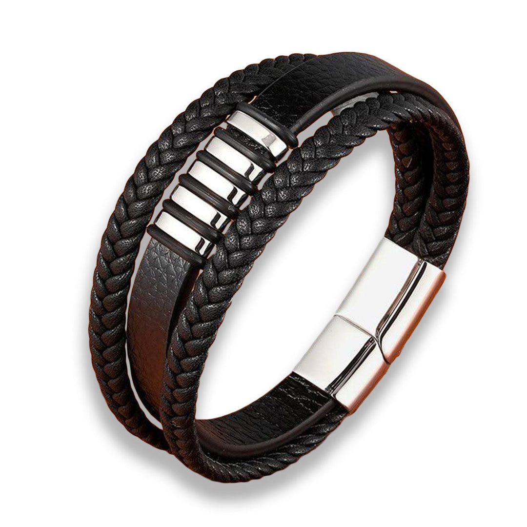 Accessoire masculin : bracelet en cuir véritable tressé, fermoir magnétique acier inoxydable. Bijou mode.